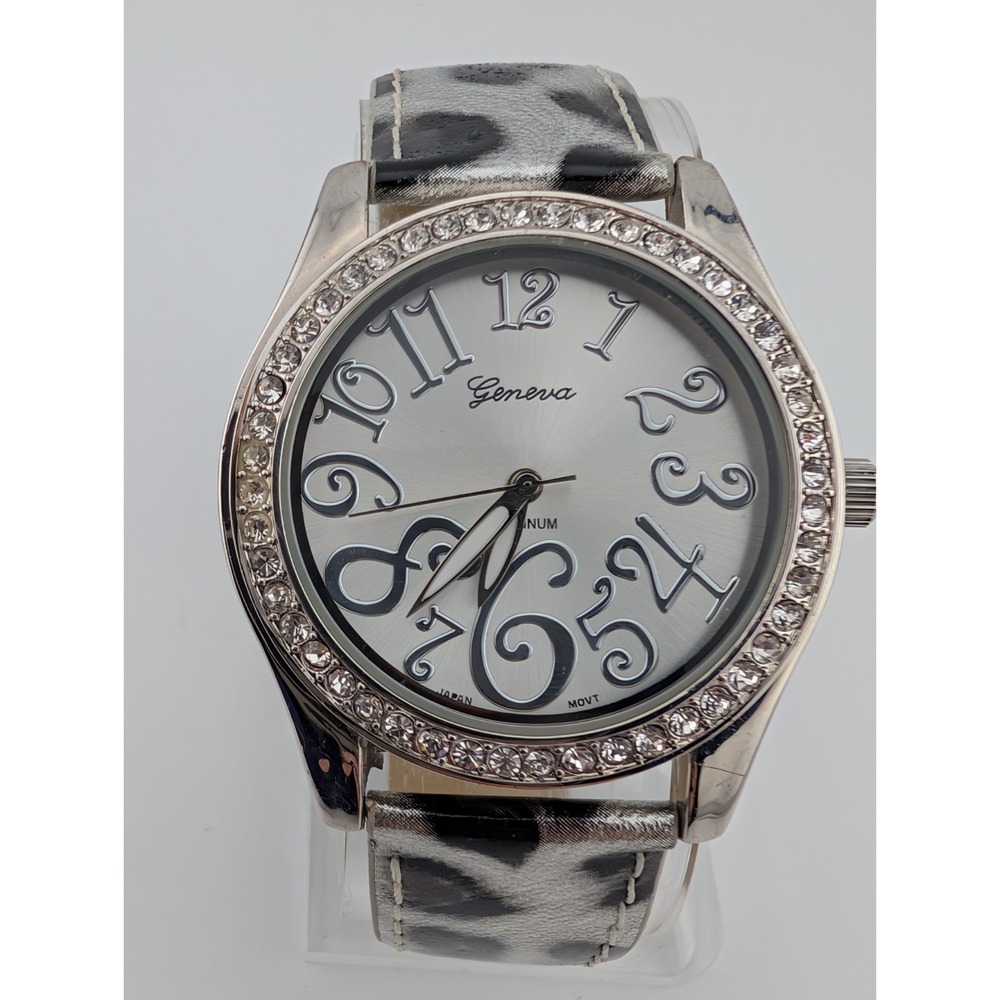 Geneva Platinum Watch Women 39mm Case Silver Leopard Band- New Battery